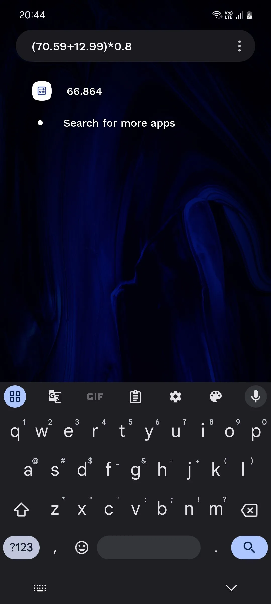 Thanh tìm kiếm của Niagara Launcher với tính năng máy tính tích hợp hiển thị kết quả phép tính cơ bản.