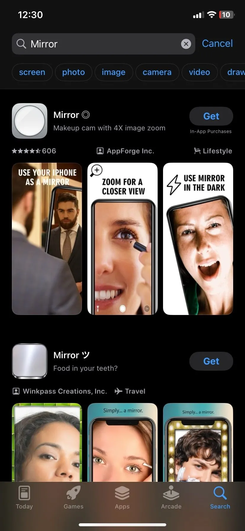 Thanh tìm kiếm Spotlight hiển thị ứng dụng gương soi trên iPhone