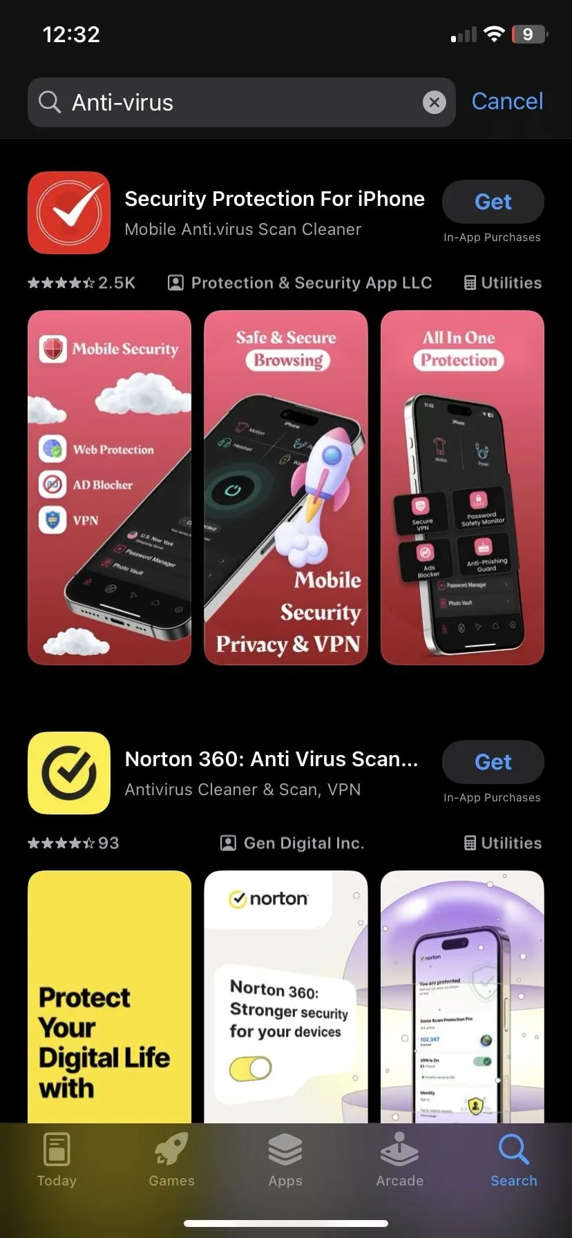 Thanh tìm kiếm Spotlight trên iPhone hiển thị ứng dụng diệt virus