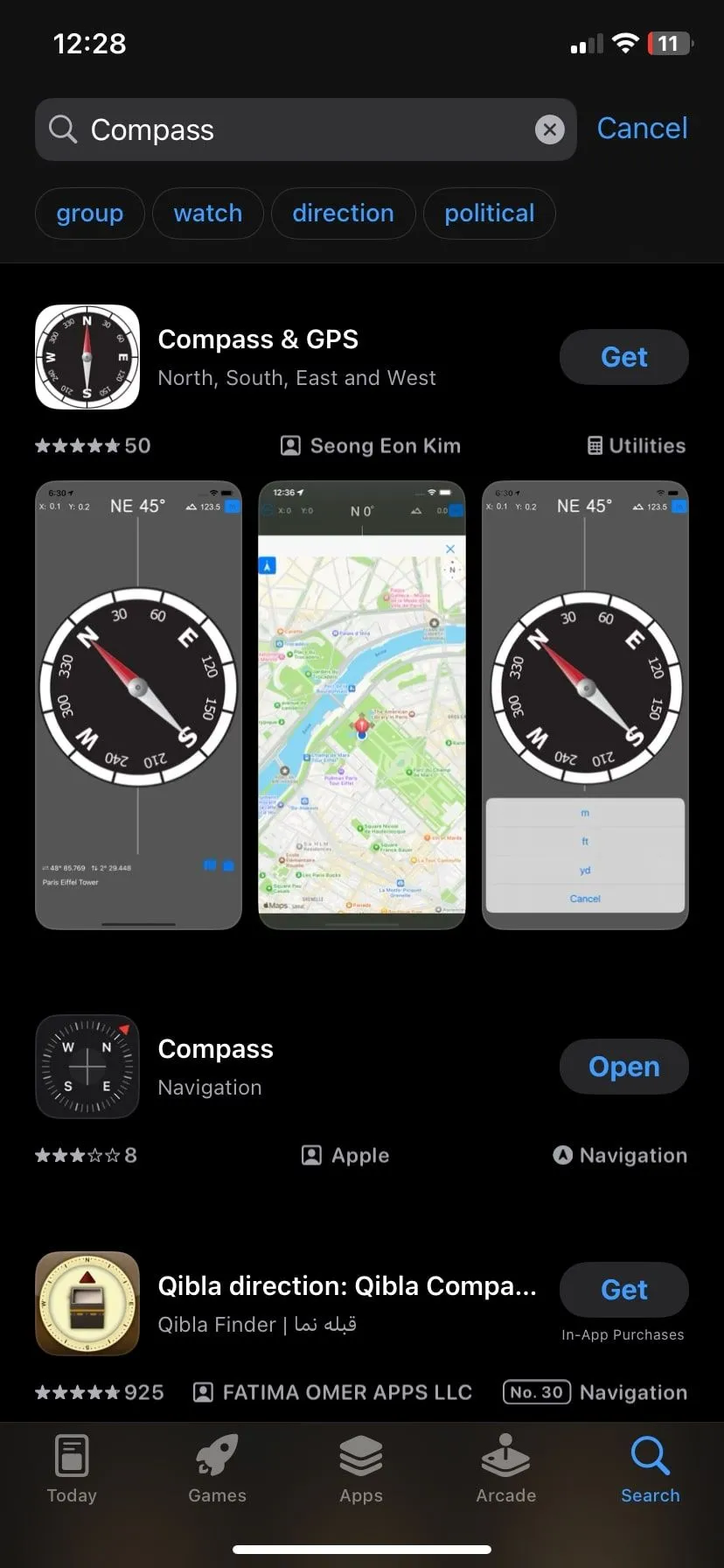 Thanh tìm kiếm Spotlight trên iPhone hiển thị ứng dụng La Bàn tích hợp sẵn