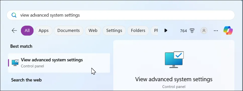 Thanh tìm kiếm Windows 11 hiển thị kết quả "view advanced system settings" để cài đặt SDelete