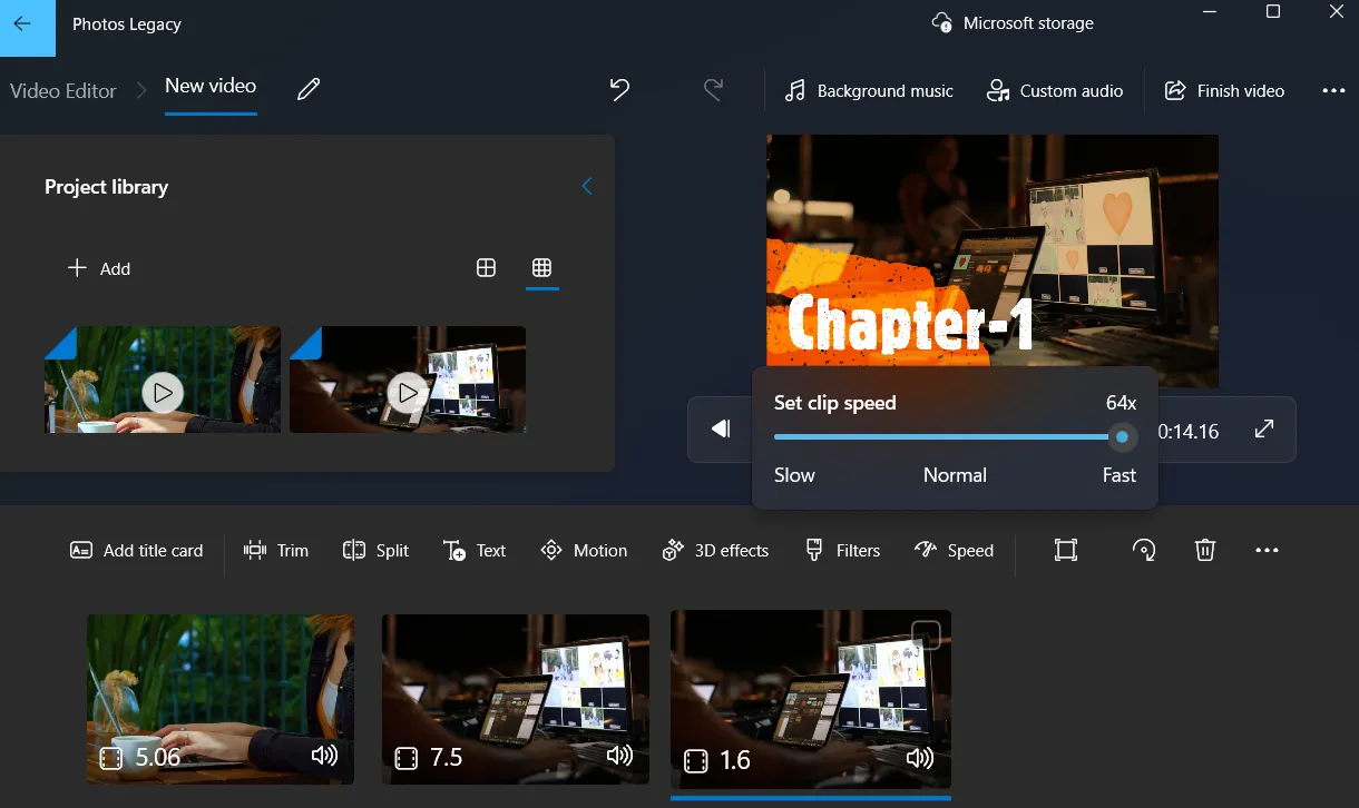 Thanh trượt điều chỉnh tốc độ phát video (Clip speed) trong Photos Legacy, từ 0.02x đến 64x