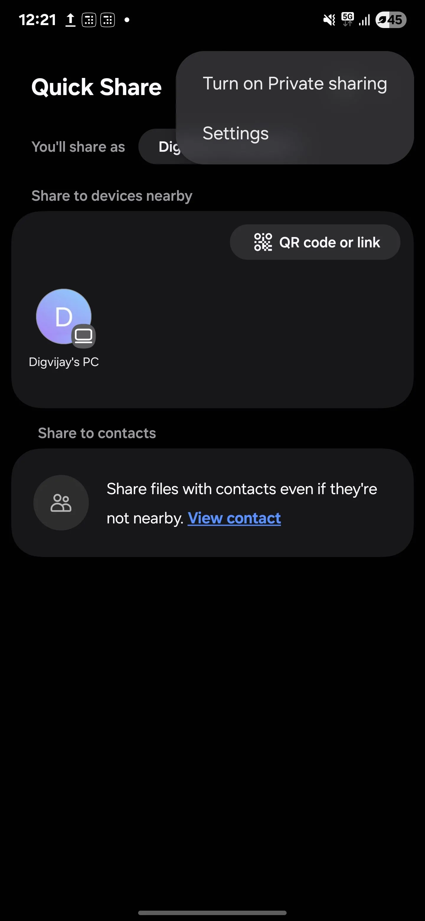 Thao tác bật tính năng Private Sharing trong Quick Share trên điện thoại Samsung Galaxy