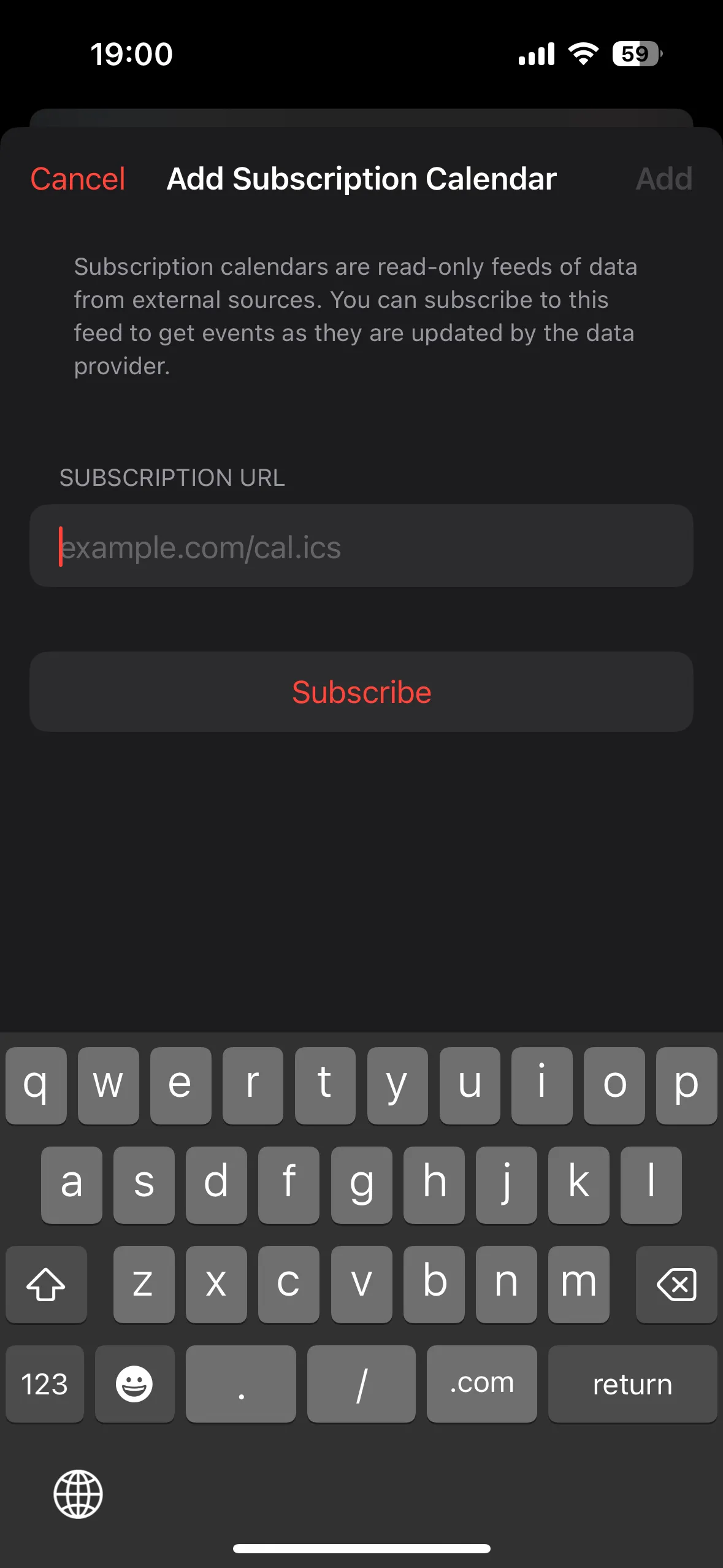 Thao tác thêm lịch đăng ký (subscription calendar) trong ứng dụng Lịch iPhone