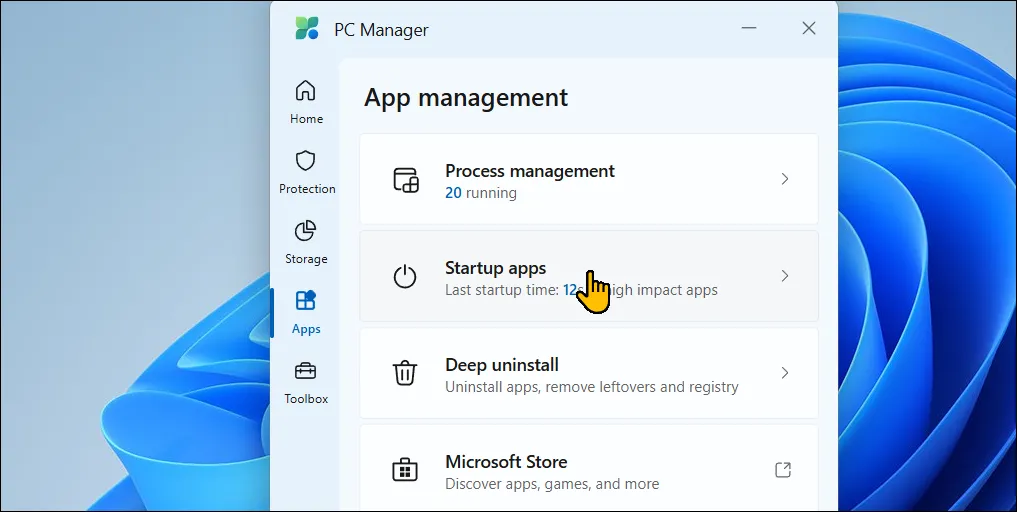Thẻ &quot;Apps&quot; trong Microsoft PC Manager trên Windows 11 hiển thị các tùy chọn quản lý ứng dụng và tiến trình.