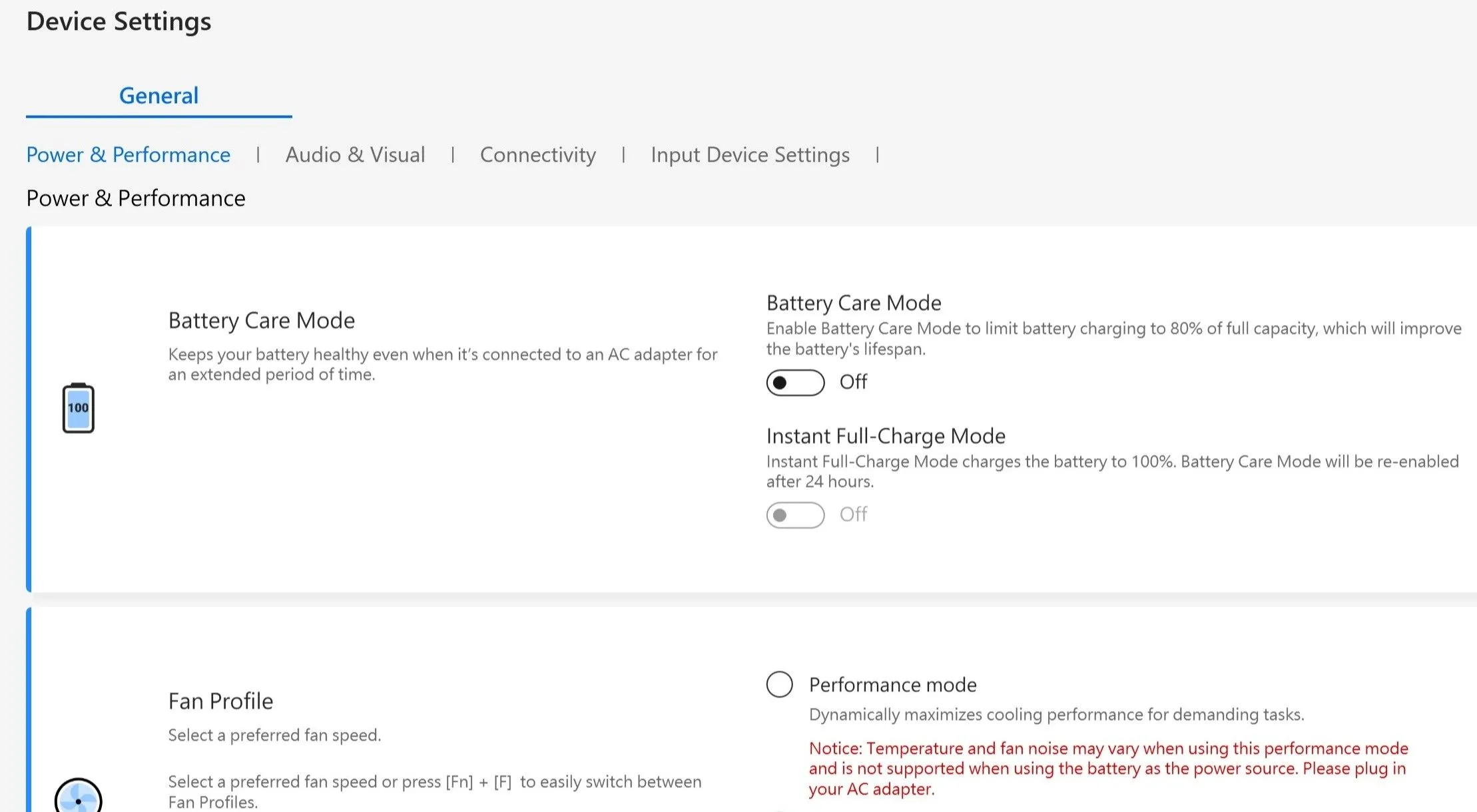 Thẻ Cài đặt Thiết bị (Device Settings) trong ứng dụng MyAsus để điều chỉnh chế độ pin