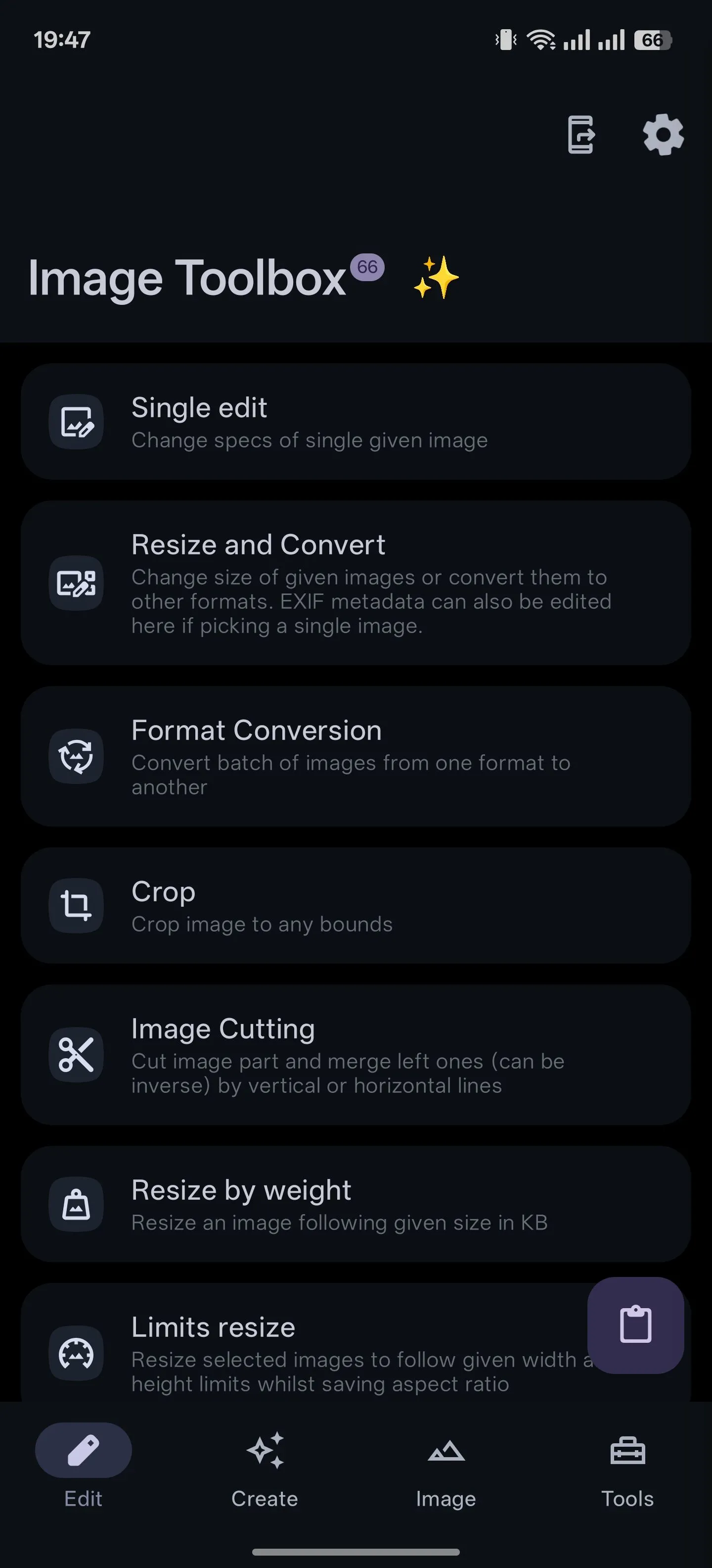 Thẻ chỉnh sửa trong ứng dụng Image Toolbox trên Android, với các tùy chọn cắt và chuyển đổi ảnh.