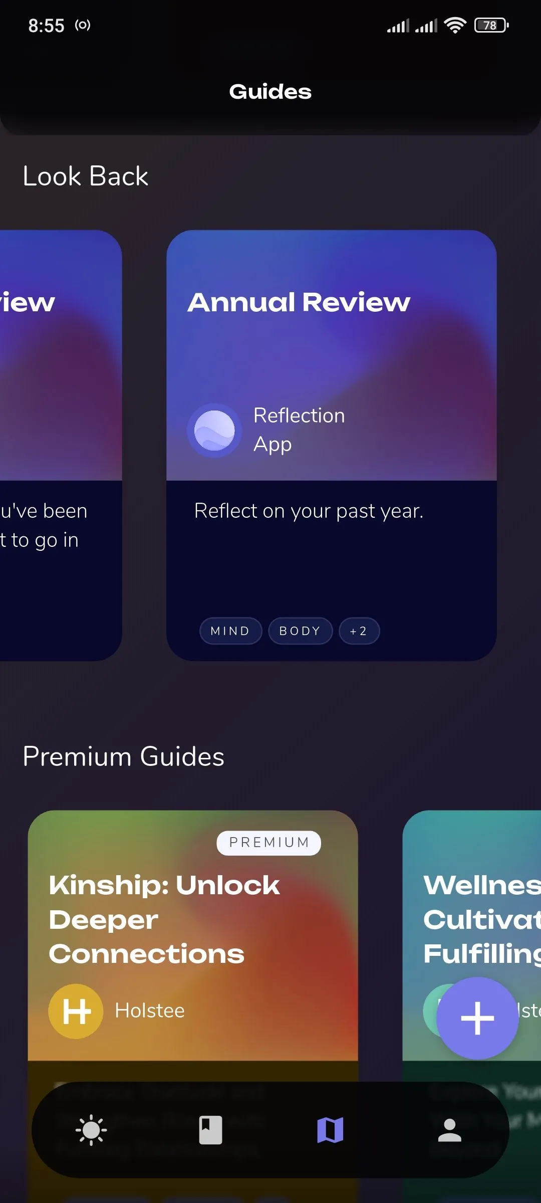 Thẻ 'Đánh giá cuối năm' trong mục hướng dẫn của Reflection.app, cho thấy ứng dụng hỗ trợ việc tự phản ánh định kỳ