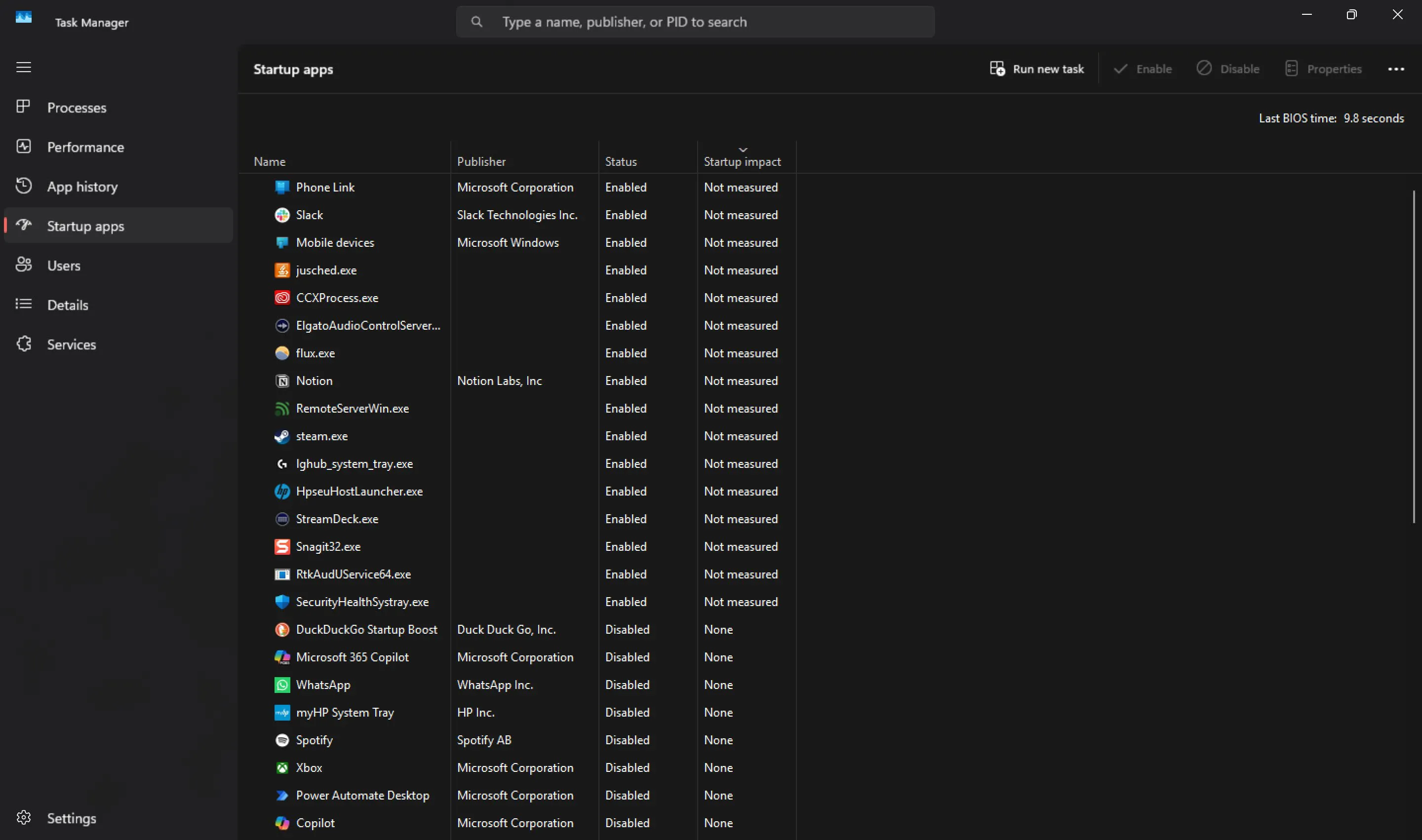 Thẻ Startup apps (Ứng dụng khởi động) của Task Manager liệt kê các ứng dụng được bật/tắt khi Windows khởi động, kèm theo mức độ tác động