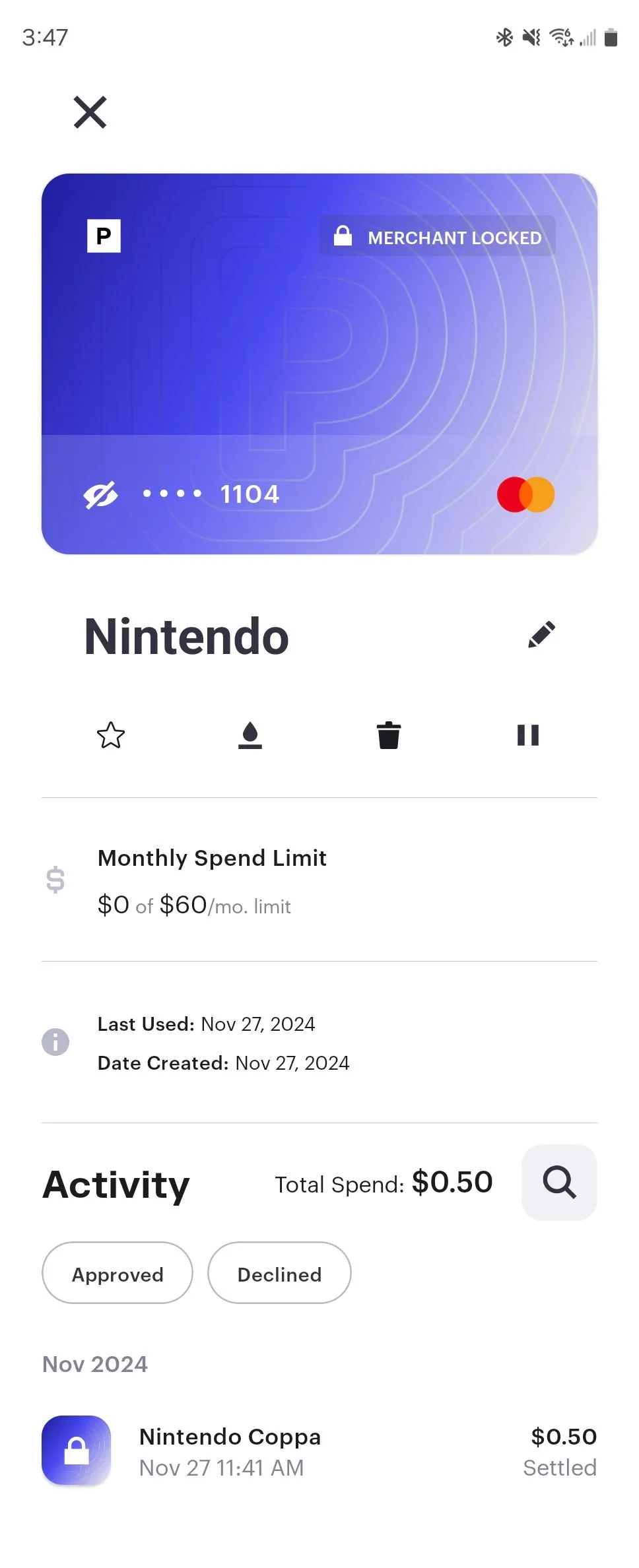 Thẻ tạm thời cho Nintendo được tạo bằng ứng dụng Privacy trên Android