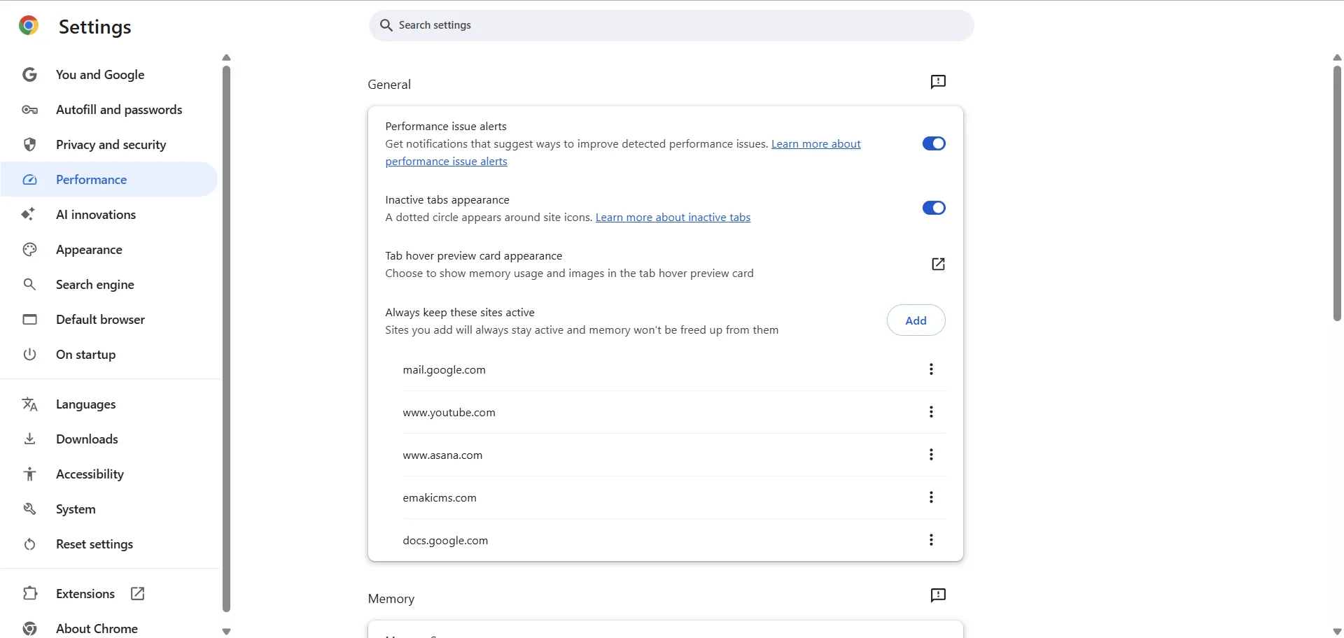 Thêm các trang web vào danh sách 'Luôn giữ các trang web này hoạt động' trong cài đặt Hiệu suất của Chrome để tránh bị tạm dừng