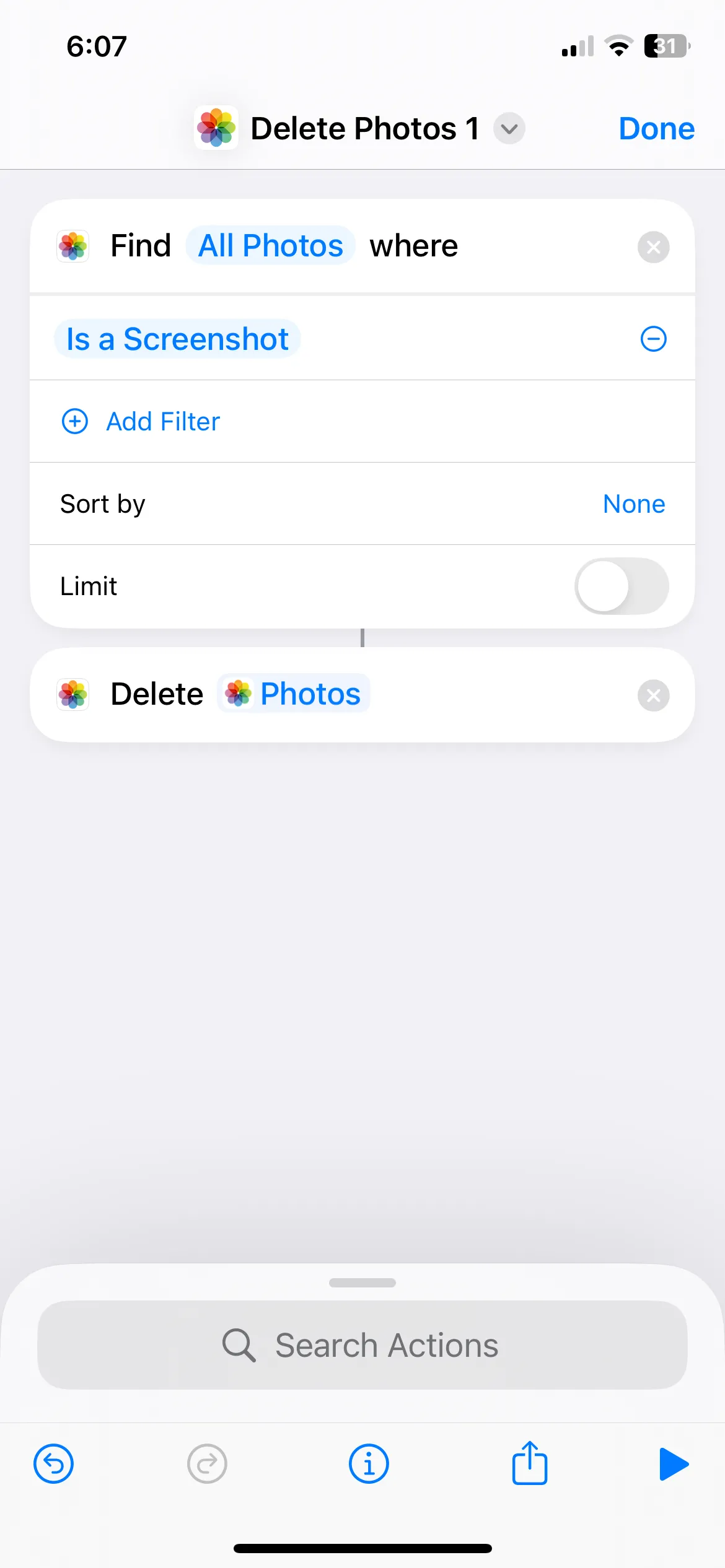 Thêm hành động Xóa Ảnh vào phím tắt xóa screenshot iPhone