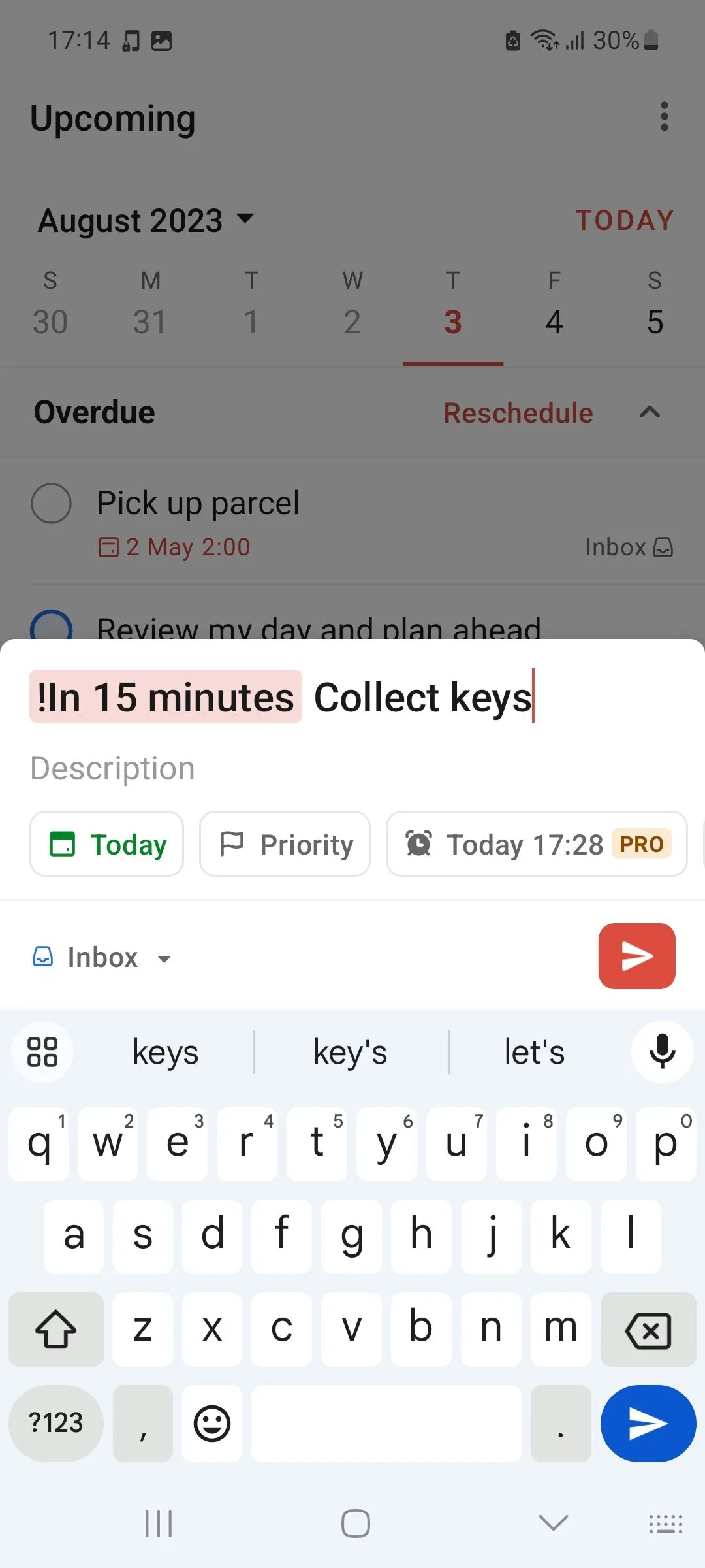 Thêm tác vụ ngắn hạn mới trong giao diện Todoist
