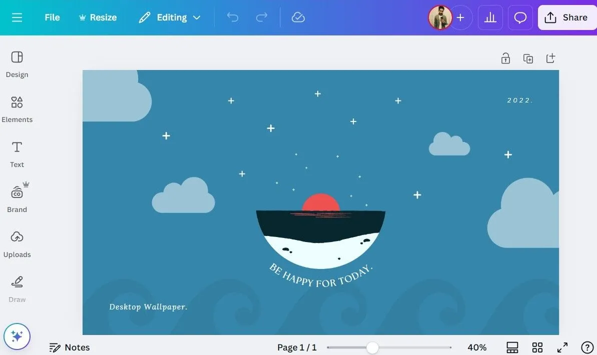Thiết kế hình nền độc đáo cho máy tính trong ứng dụng Canva, với các yếu tố đồ họa và văn bản