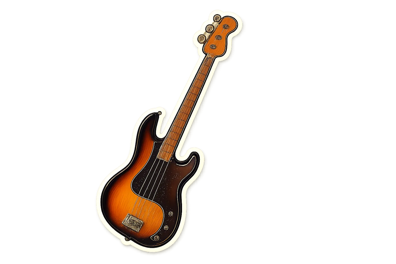 Thiết kế sticker cắt sẵn (die-cut) của đàn guitar bass điện sunburst với đường viền nổi bật, gợi ý ứng dụng AI art làm sticker cá nhân hóa.