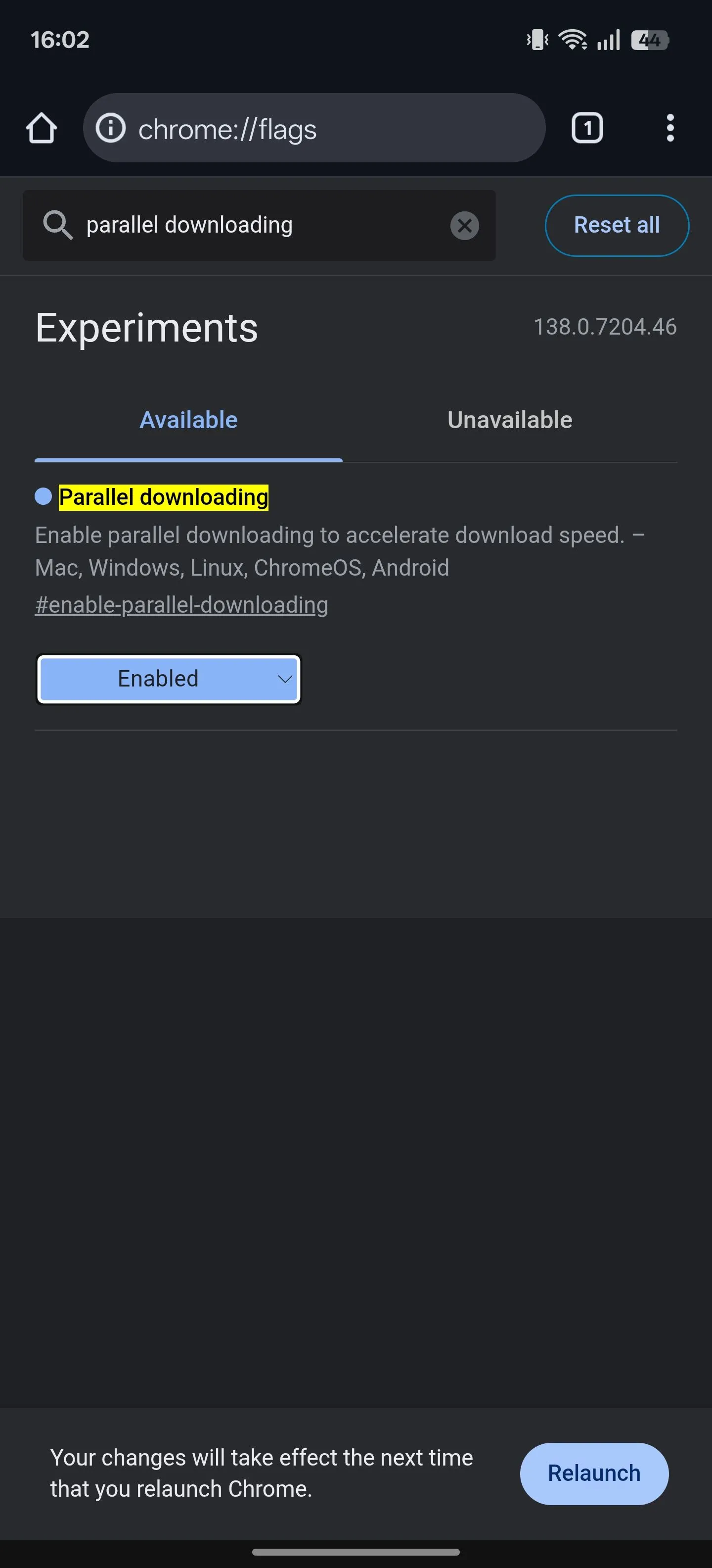 Thiết lập một tính năng thử nghiệm (flag) thành &quot;Enabled&quot; trong Chrome cho Android.
