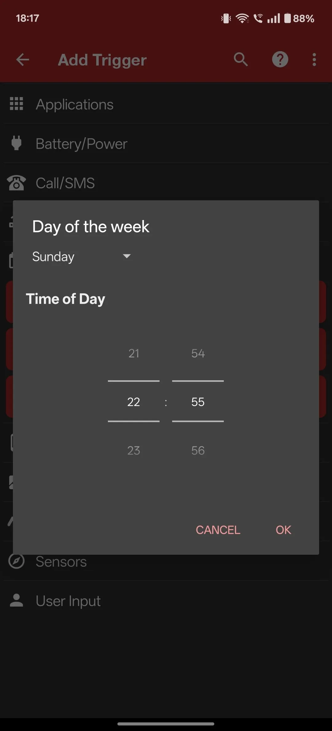 Thiết lập ngày và giờ cụ thể cho trigger tự động Day of the Week trong MacroDroid để xóa ảnh.
