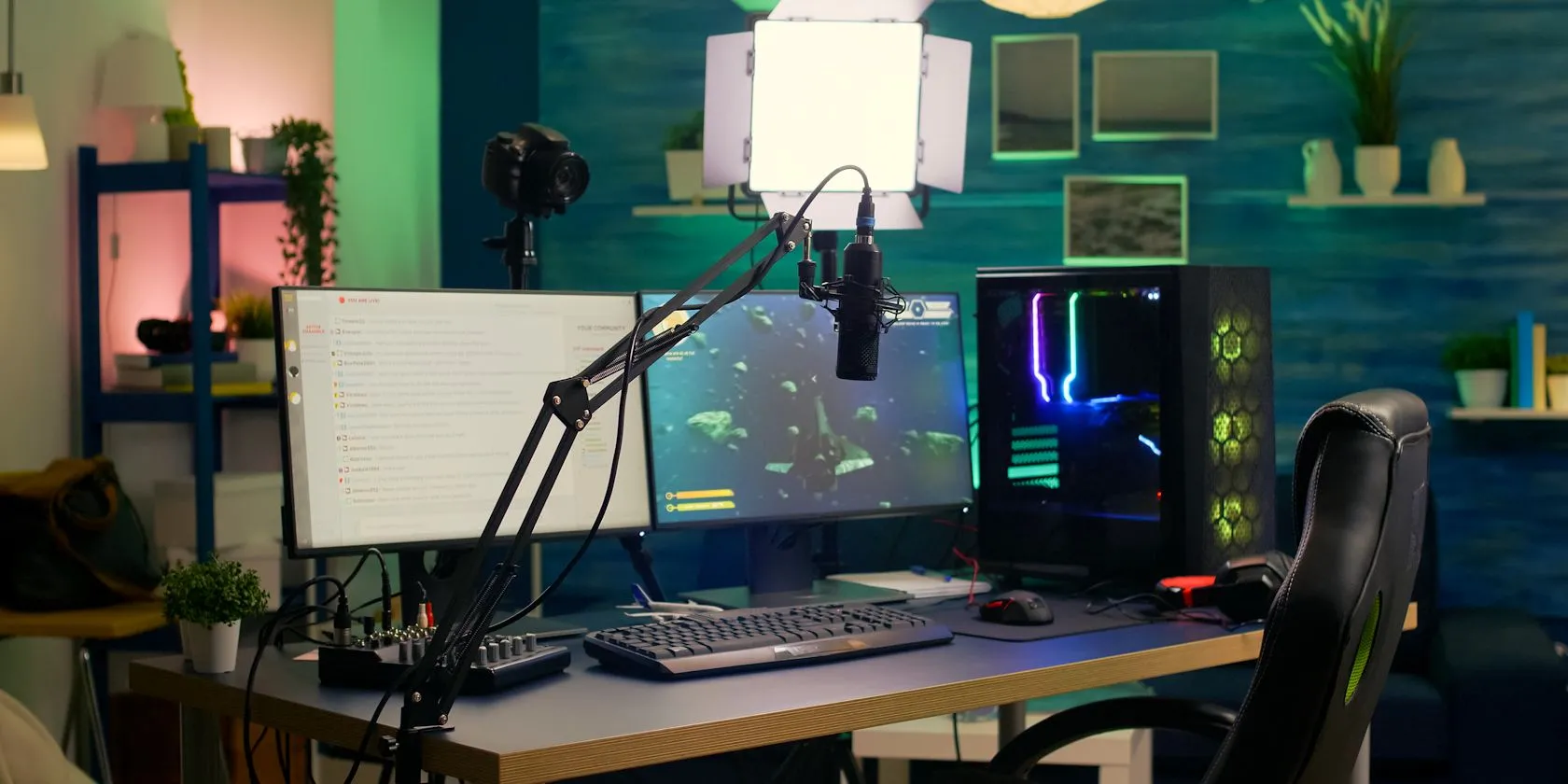 Thiết lập PC streaming chuyên nghiệp với nhiều màn hình trong phòng làm việc cố định