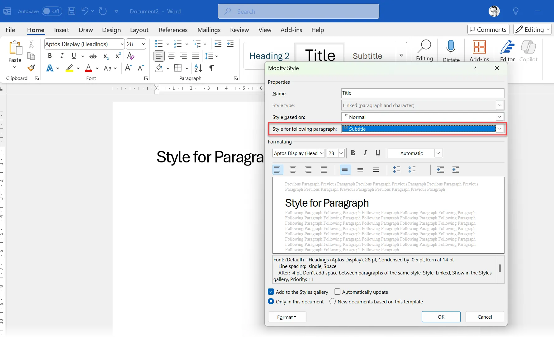 Thiết lập Style cho đoạn văn bản tiếp theo (Style for following paragraph) trong tùy chỉnh Style của Microsoft Word