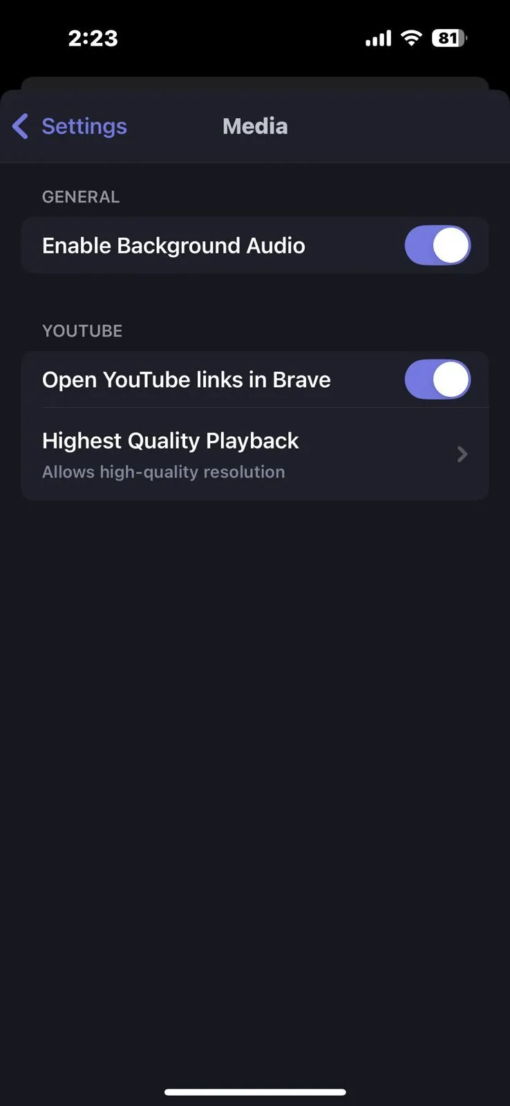 Thiết lập tính năng phát âm thanh nền trong Brave mobile