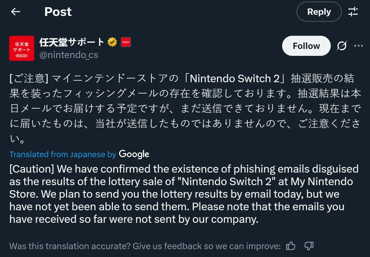 Thông báo cảnh báo lừa đảo Nintendo Switch 2 từ Nintendo trên X, minh họa chiêu trò lừa đảo qua email và giveaway giả mạo.