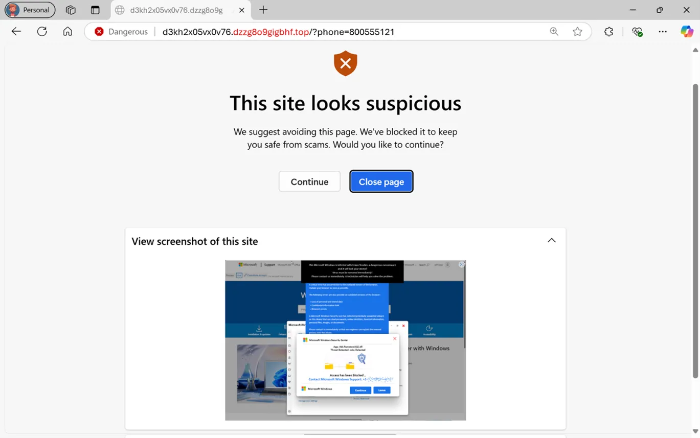 Thông báo cảnh báo từ tính năng chặn scareware của Microsoft Edge