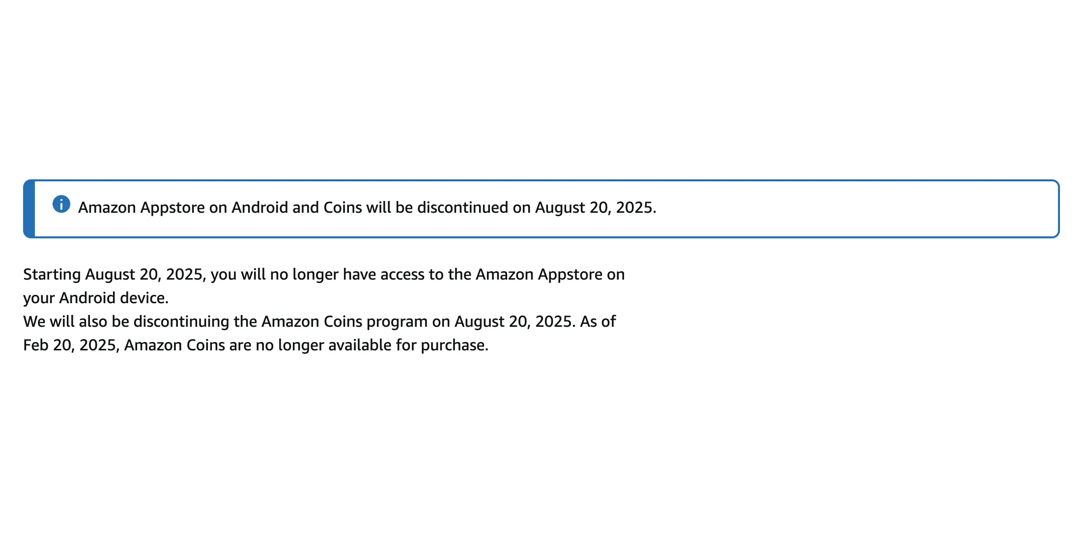 Thông báo chính thức từ Amazon về việc ngừng hoạt động của Appstore trên các thiết bị Android vào tháng 8 năm 2025.