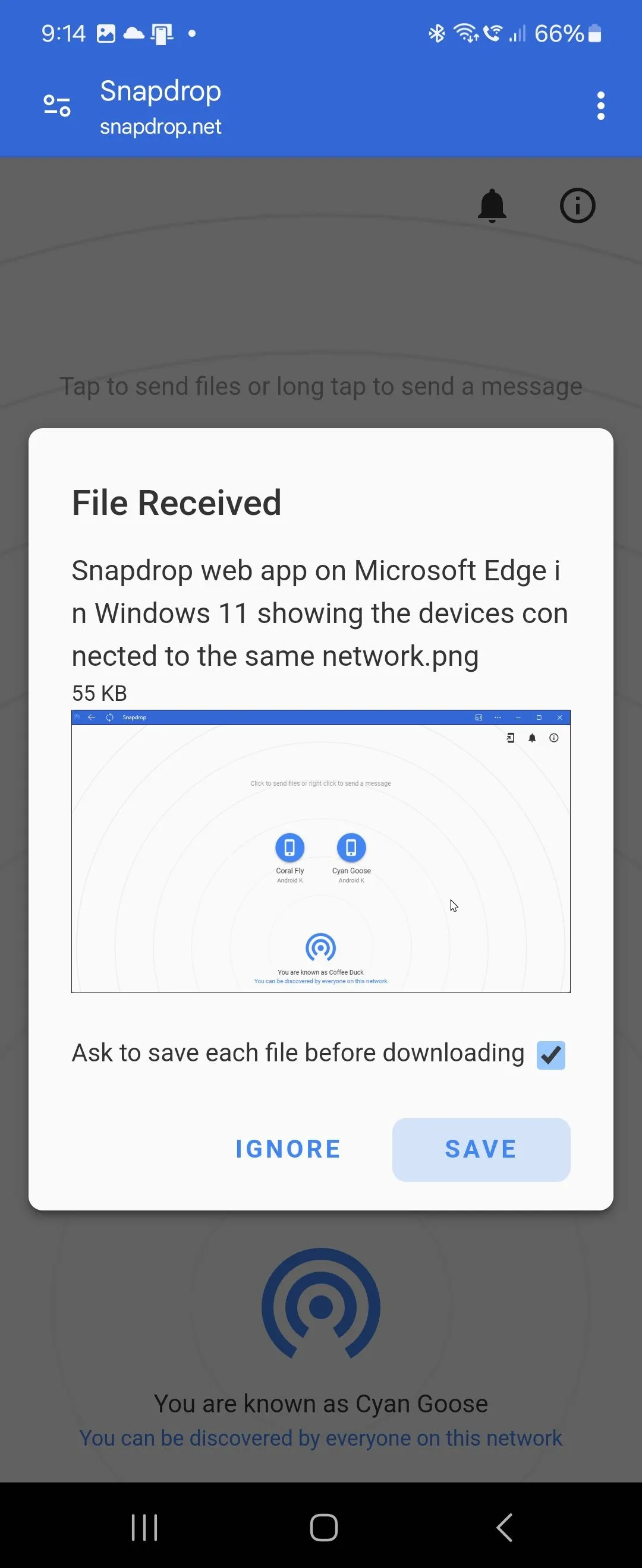 Thông báo file đã nhận từ Snapdrop trên điện thoại Android, minh họa khả năng chia sẻ file nhanh chóng