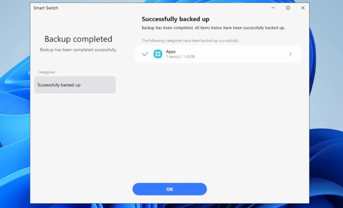 Thông báo hoàn tất sao lưu Secure Folder trên Smart Switch PC