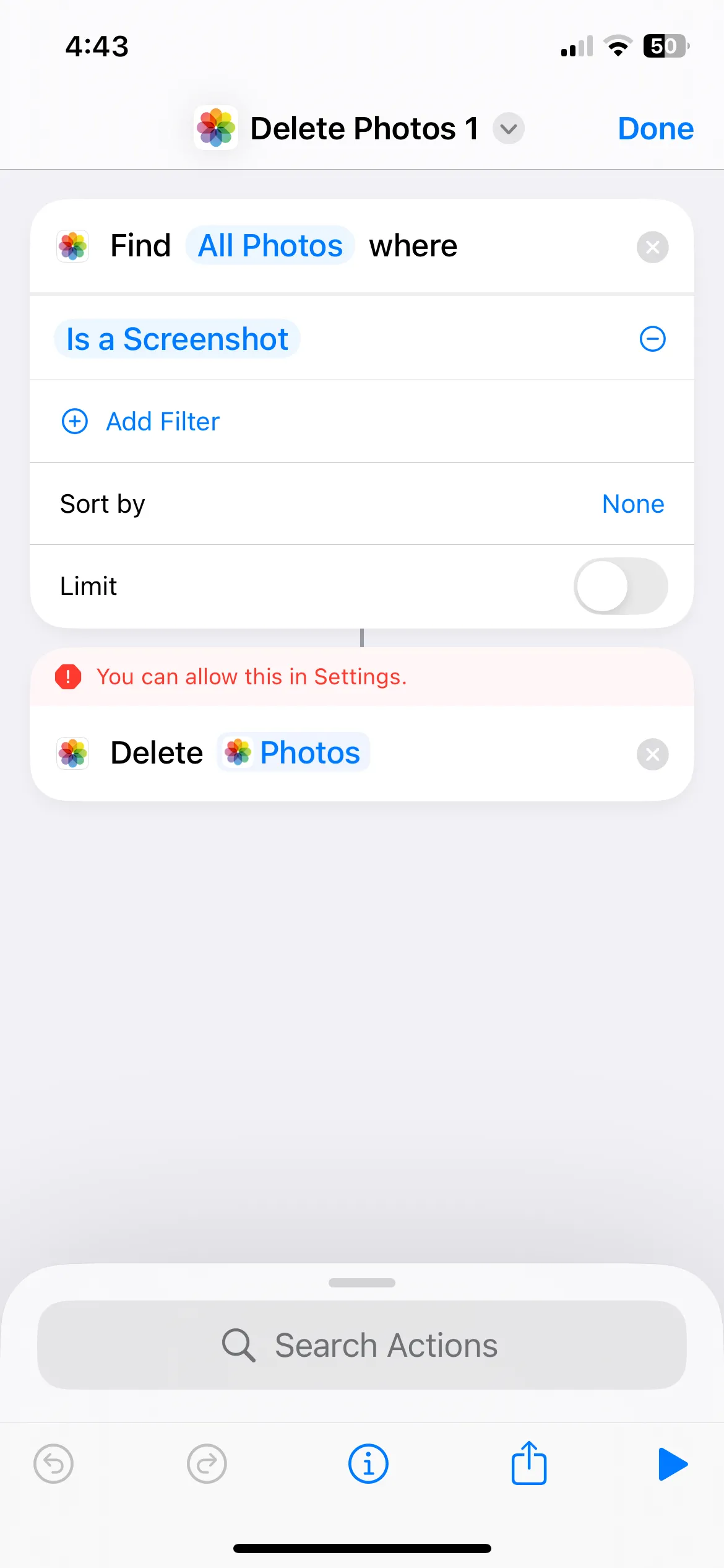 Thông báo lỗi khi Phím tắt không có quyền xóa ảnh hàng loạt trên iPhone