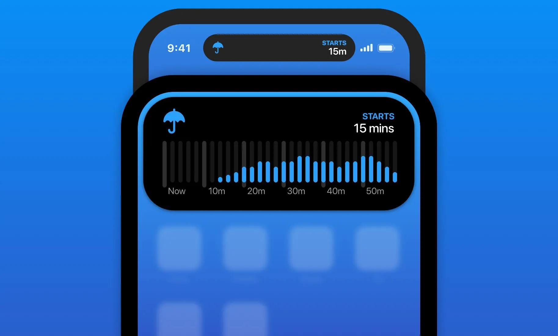 Thông báo thời tiết chi tiết về lượng mưa sắp tới từ Carrot Weather hiển thị trên Dynamic Island.