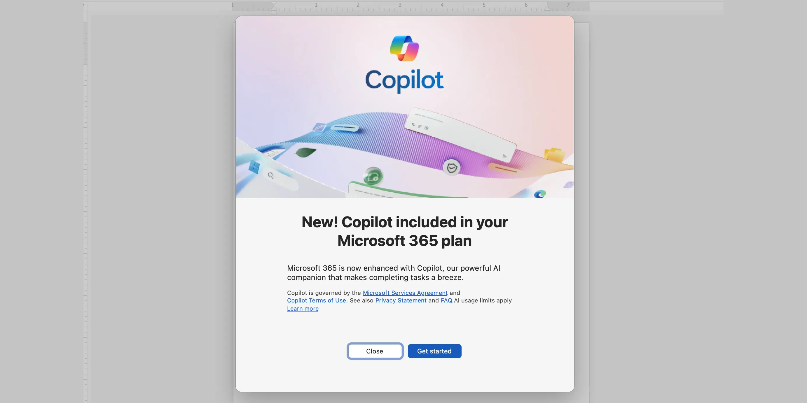 Thông báo tích hợp Copilot vào Microsoft 365 hiển thị trên giao diện Word.
