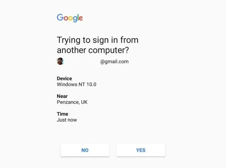 Thông báo xác thực hai yếu tố (2FA) của Google trên thiết bị thứ hai