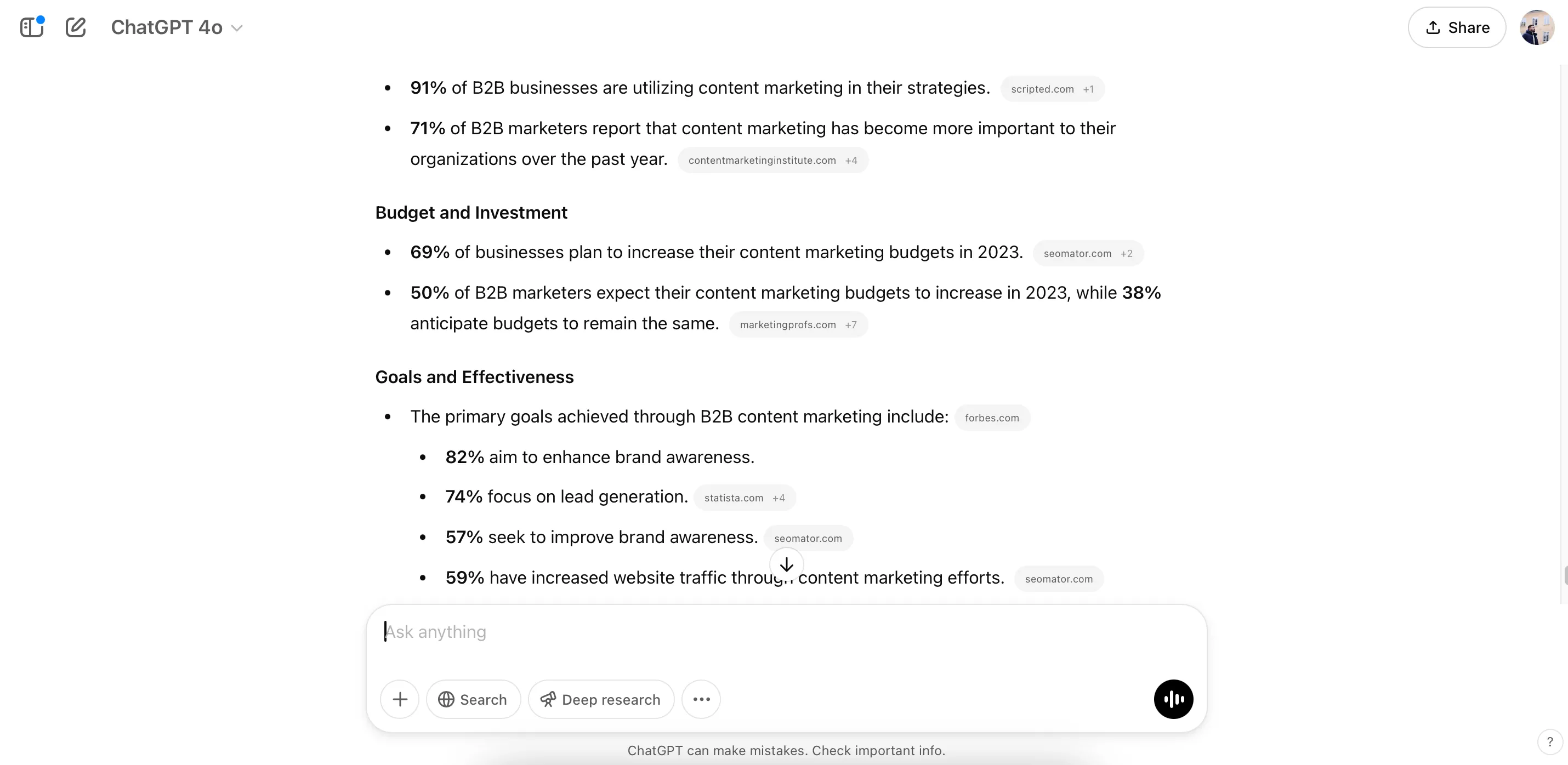 Thống kê chi tiết về marketing nội dung được hiển thị trong kết quả tìm kiếm của ChatGPT Deep Research