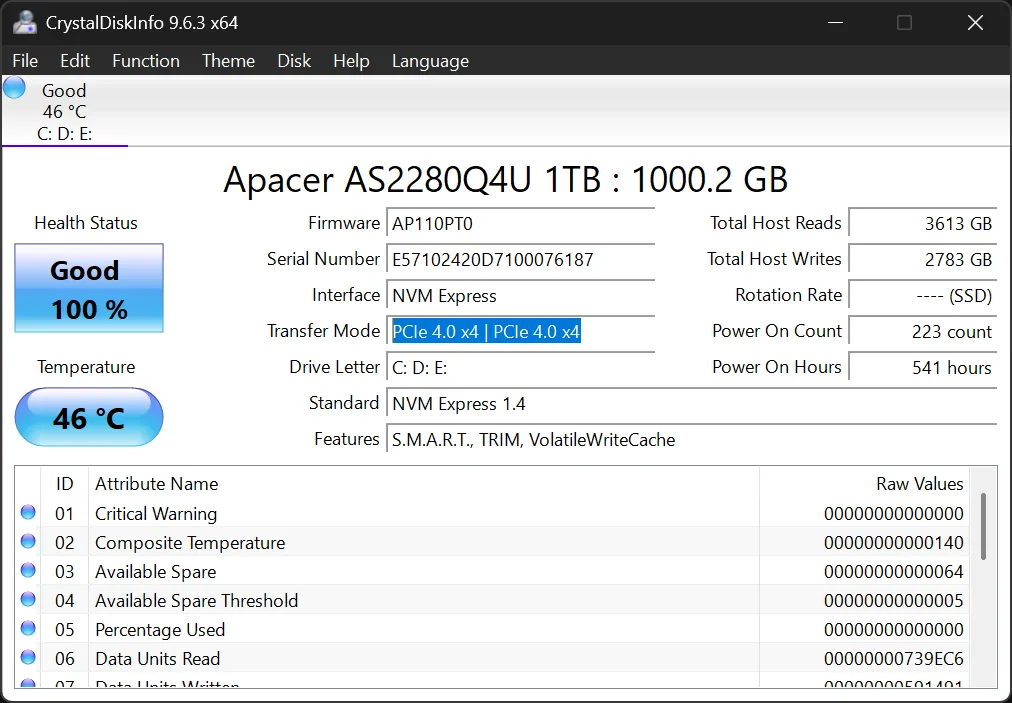 Thông tin chế độ PCIe của ổ cứng NVMe SSD được hiển thị trong CrystalDiskInfo.
