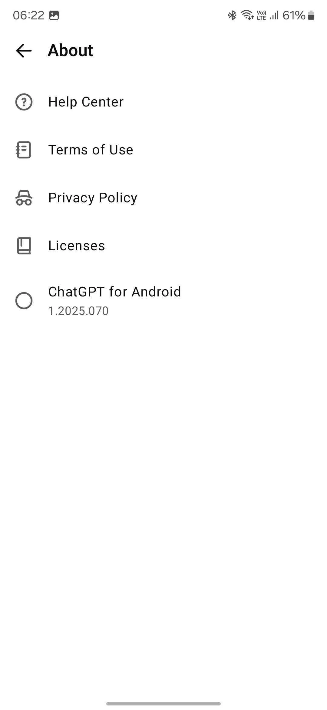 Thông tin &quot;Giới thiệu&quot; của ChatGPT for Android, hiển thị phiên bản ứng dụng 1.2025.070