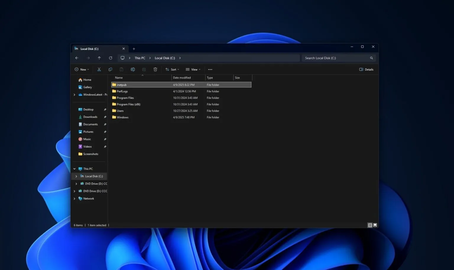 Thư mục inetpub trống rỗng xuất hiện bất ngờ trong File Explorer của Windows 11 sau bản cập nhật tháng 4.
