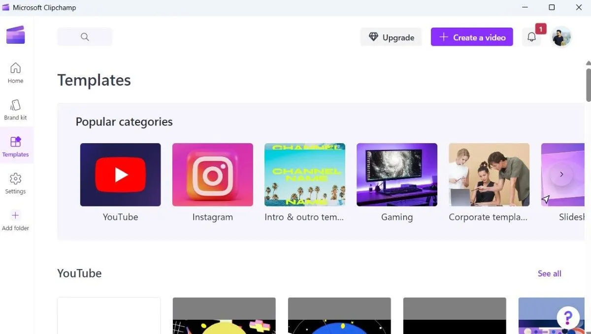 Thư viện các mẫu video có sẵn trong Clipchamp theo danh mục YouTube, Instagram