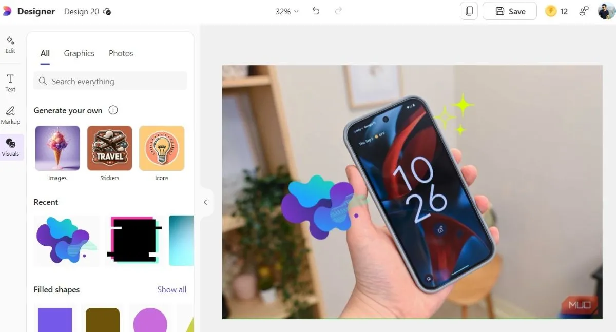 Thư viện đồ họa và ảnh stock phong phú trong thẻ Visuals của Microsoft Designer