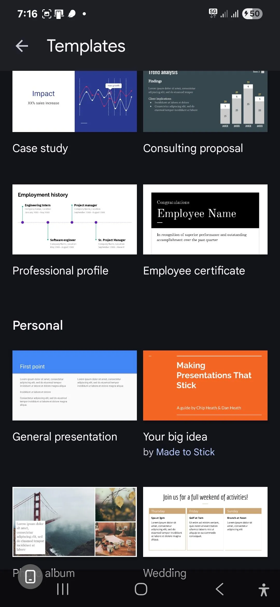 Thư viện mẫu Google Slides trên thiết bị di động