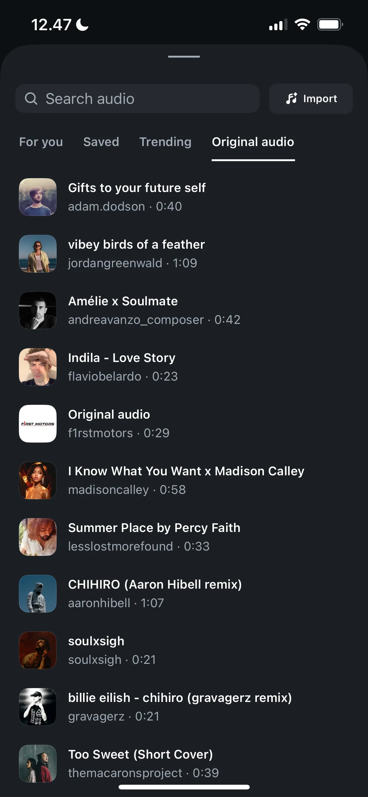 Thư viện nhạc bản quyền của Edits, cung cấp các bài hát phổ biến và trending giống như trên Instagram