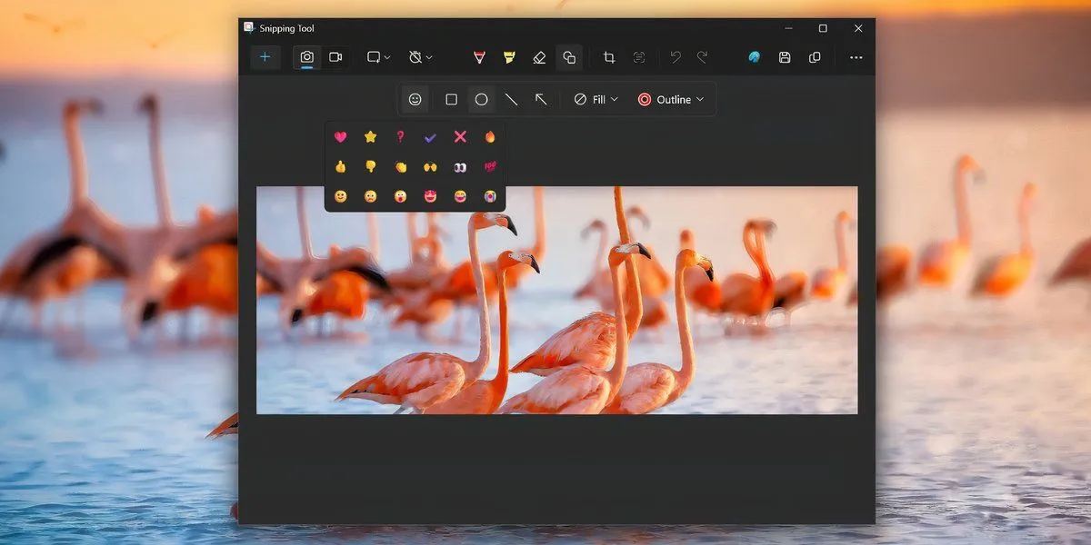 Thực đơn biểu tượng cảm xúc (emoji) trong tính năng Shapes của Snipping Tool Windows 11