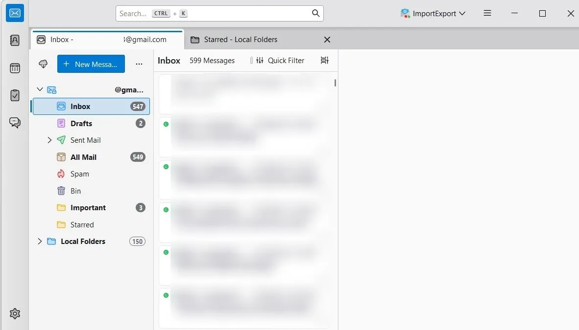 Thunderbird hiển thị tài khoản Gmail và thư mục cục bộ đã nhập