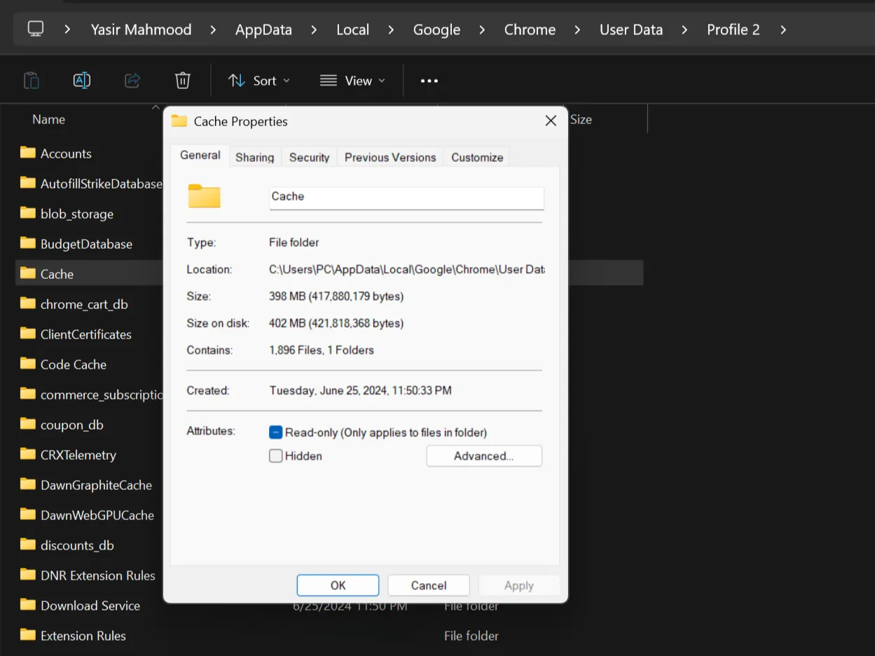 Thuộc tính thư mục cache của Google Chrome trong Windows hiển thị kích thước
