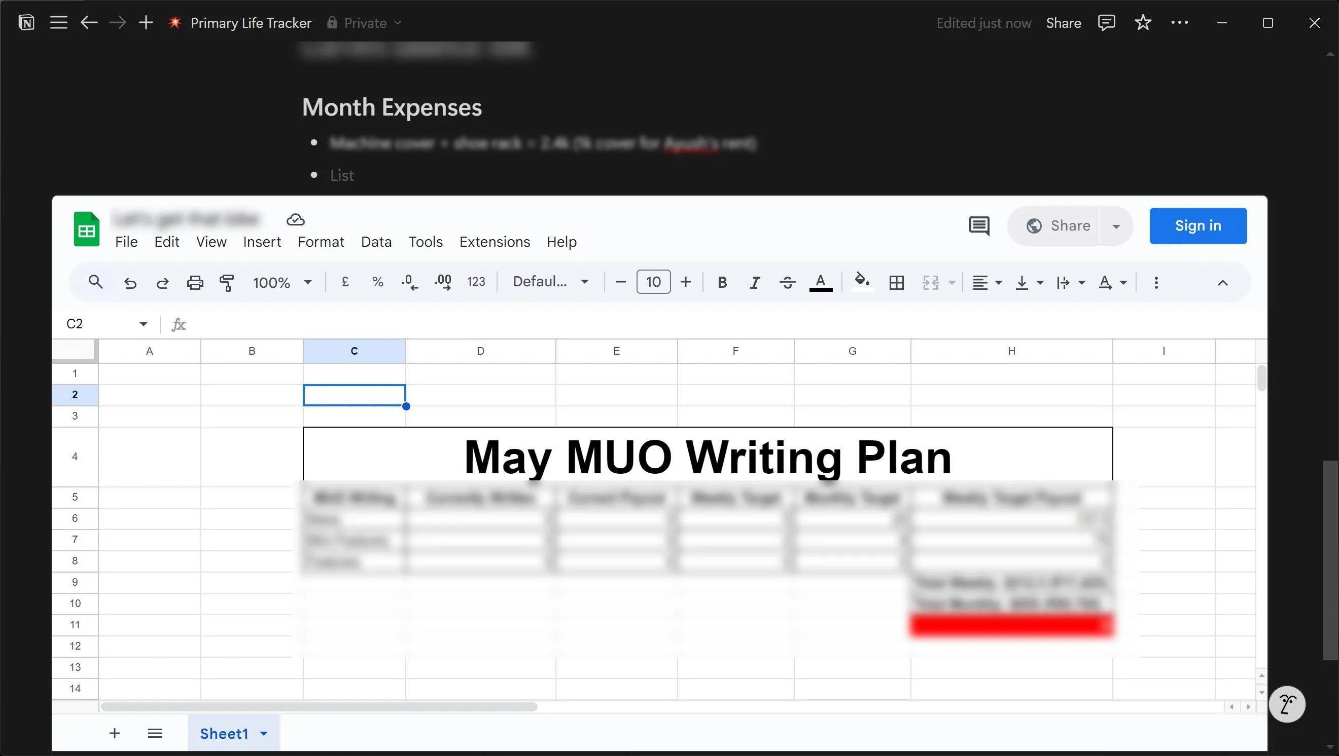 Tích hợp Google Sheets trực tiếp vào trang Notion thông qua tính năng nhúng, hiển thị một bảng tính đầy đủ chức năng