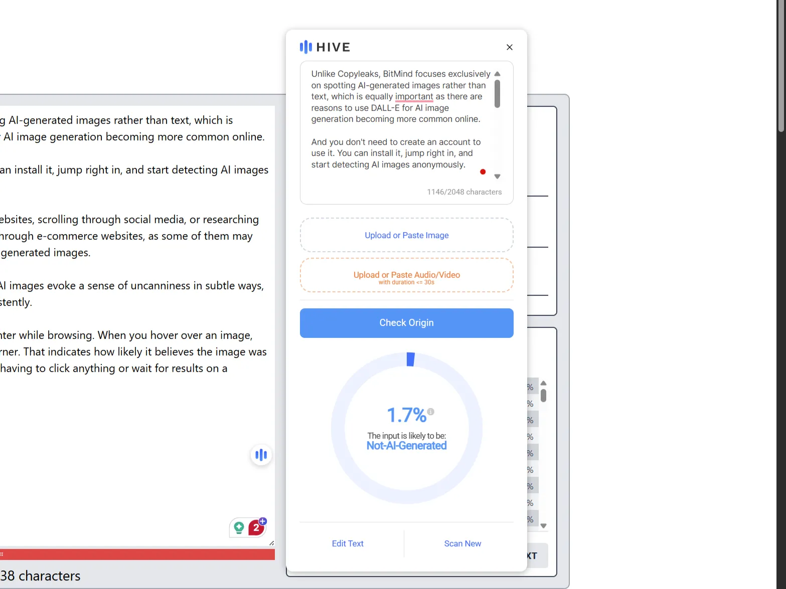Tiện ích Hive AI trên Chrome xác nhận nội dung được viết bởi con người trên thanh bên.