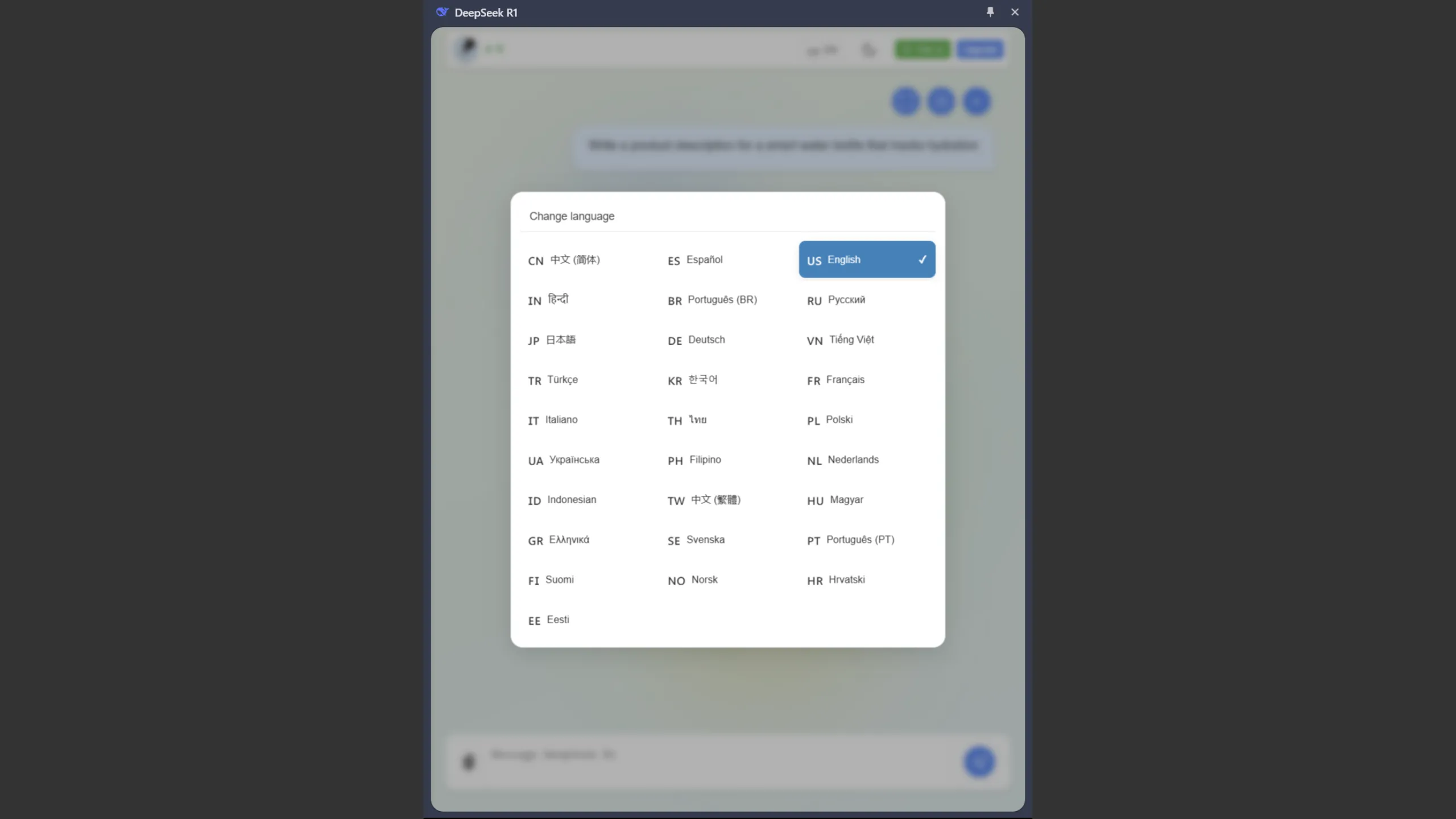 Tiện ích mở rộng Chrome dựa trên DeepSeek AI của fadelmalnab hiển thị các tùy chọn ngôn ngữ khác nhau