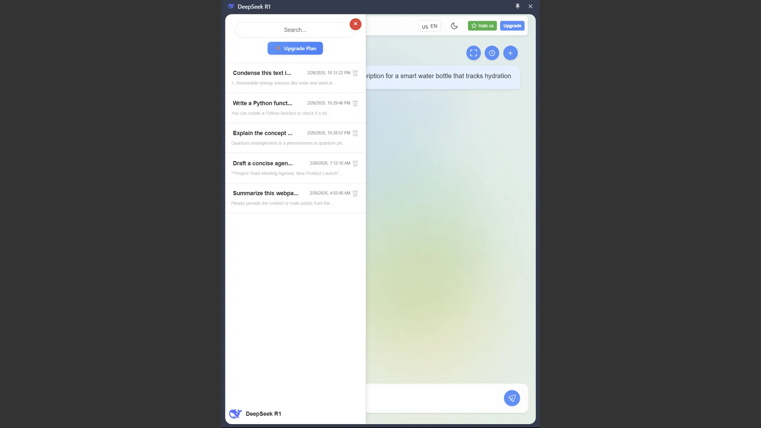 Tiện ích mở rộng Chrome dựa trên DeepSeek AI của fadelmalnab hiển thị lịch sử trò chuyện