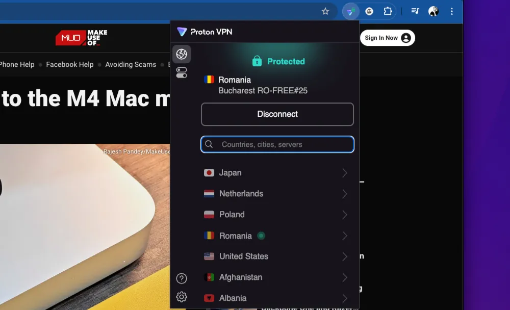 Tiện ích mở rộng ProtonVPN trên trình duyệt Chrome đã kết nối, biểu tượng kết nối VPN an toàn