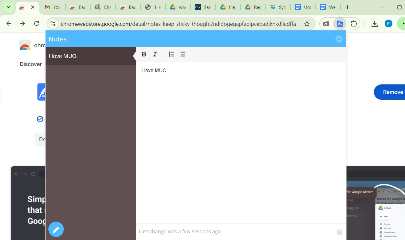 Tiện ích Notes for Google Drive trong trình duyệt Chrome